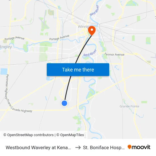 Westbound Waverley at Kenaston to St. Boniface Hospital map