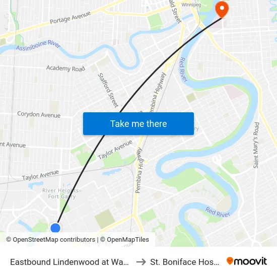 Eastbound Lindenwood at Waverley to St. Boniface Hospital map