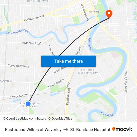 Eastbound Wilkes at Waverley to St. Boniface Hospital map