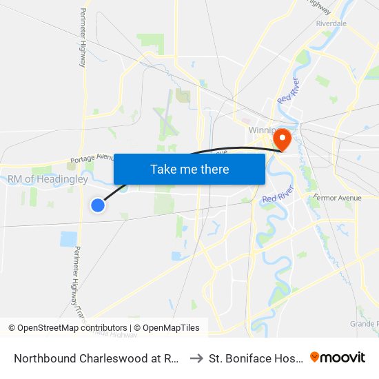 Northbound Charleswood at Rannock to St. Boniface Hospital map