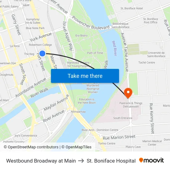 Westbound Broadway at Main to St. Boniface Hospital map