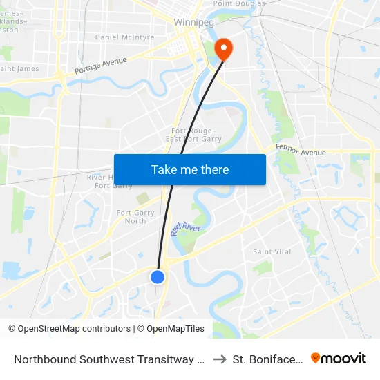 Northbound Southwest Transitway at Chancellor Station to St. Boniface Hospital map