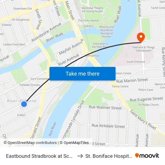 Eastbound Stradbrook at Scott to St. Boniface Hospital map