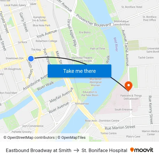 Eastbound Broadway at Smith to St. Boniface Hospital map