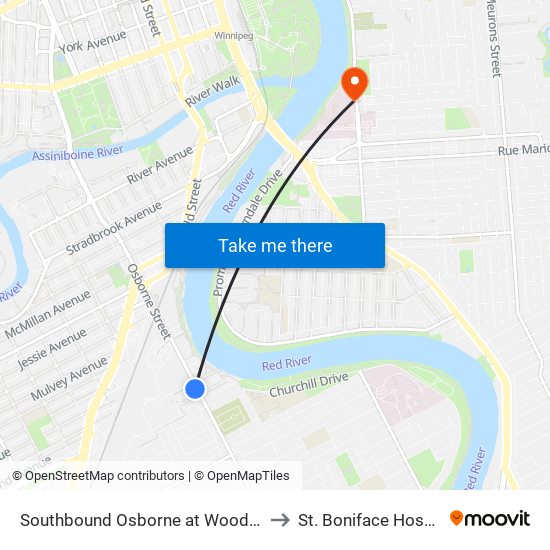 Southbound Osborne at Woodward to St. Boniface Hospital map