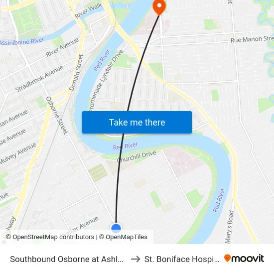 Southbound Osborne at Ashland to St. Boniface Hospital map