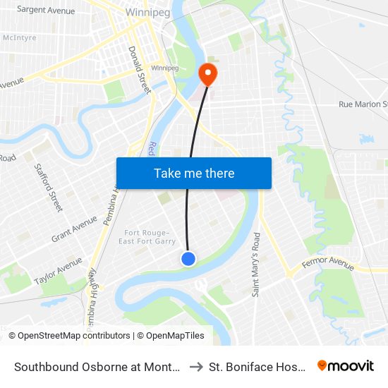 Southbound Osborne at Montague to St. Boniface Hospital map