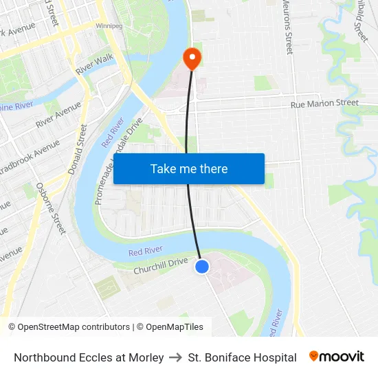 Northbound Eccles at Morley to St. Boniface Hospital map