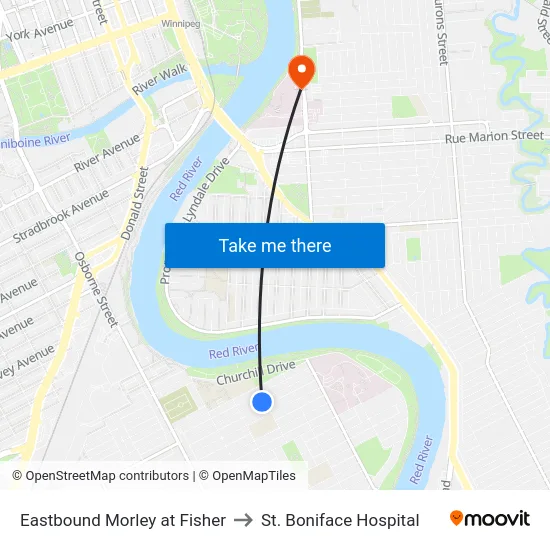 Eastbound Morley at Fisher to St. Boniface Hospital map