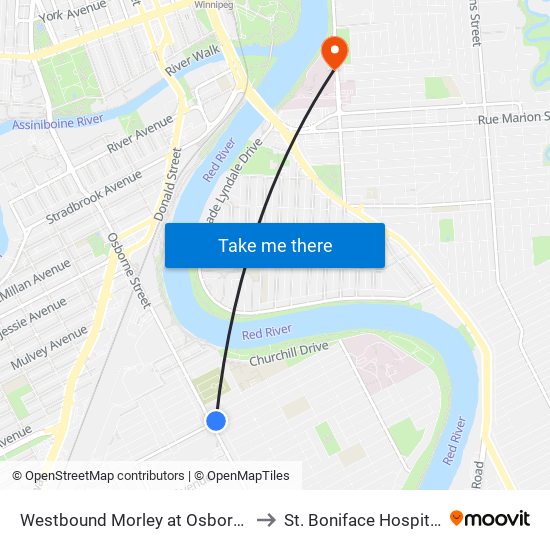 Westbound Morley at Osborne to St. Boniface Hospital map