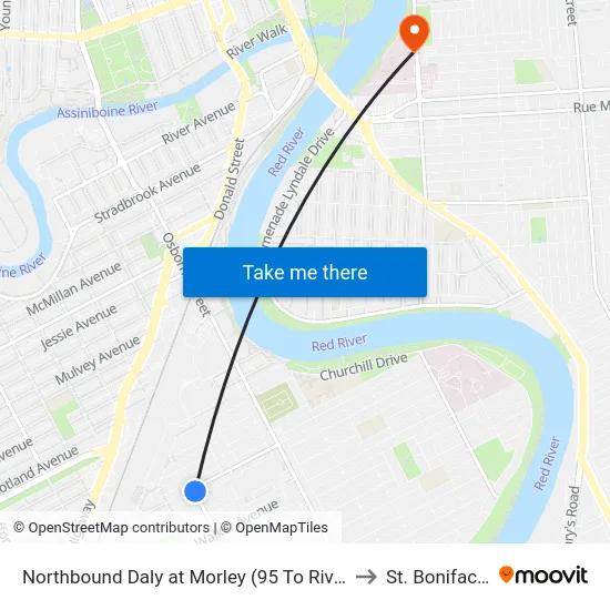 Northbound Daly at Morley (95 To Riverview Via Ft Rouge Station) to St. Boniface Hospital map