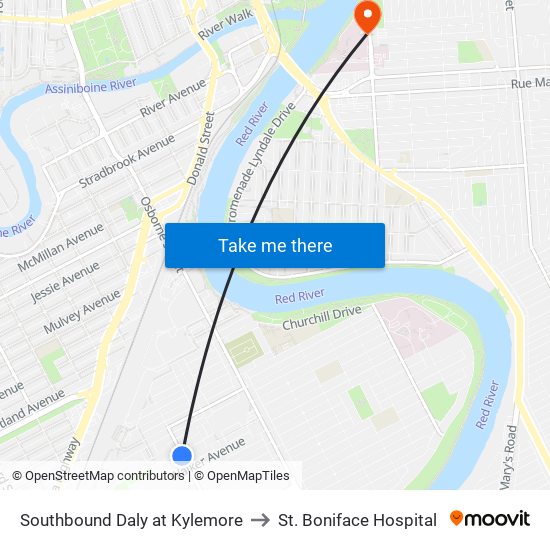 Southbound Daly at Kylemore to St. Boniface Hospital map