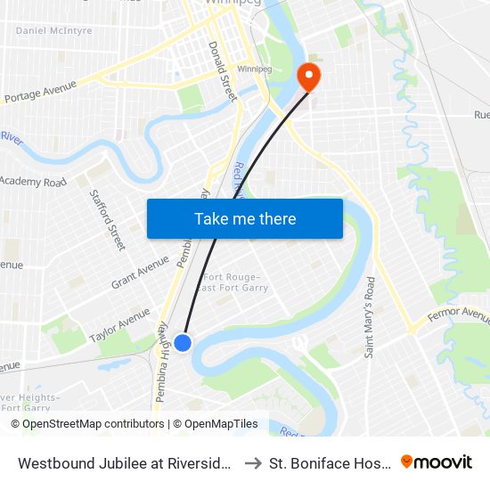 Westbound Jubilee at Riverside West to St. Boniface Hospital map