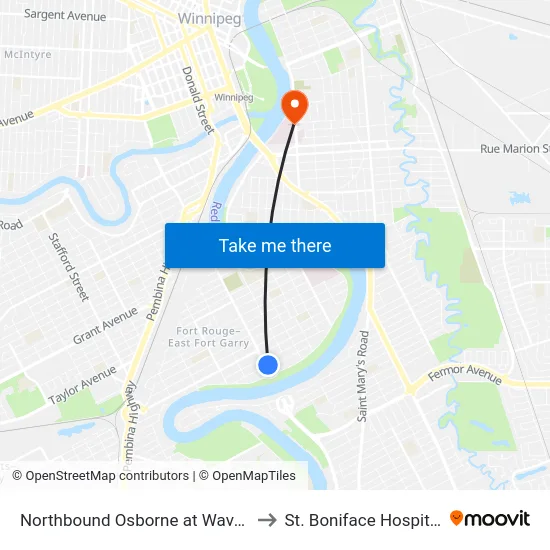 Northbound Osborne at Wavell to St. Boniface Hospital map