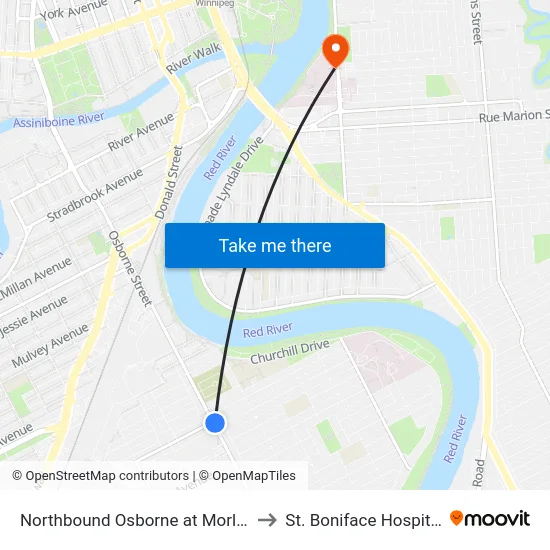 Northbound Osborne at Morley to St. Boniface Hospital map