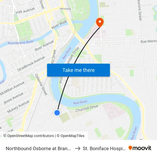 Northbound Osborne at Brandon to St. Boniface Hospital map