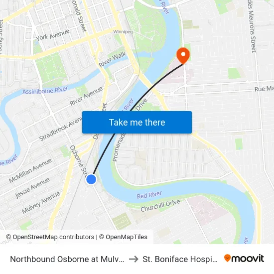 Northbound Osborne at Mulvey to St. Boniface Hospital map