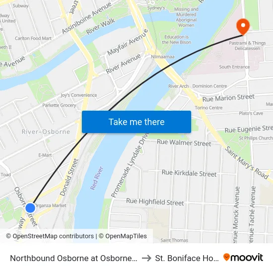 Northbound Osborne at Osborne Junction to St. Boniface Hospital map