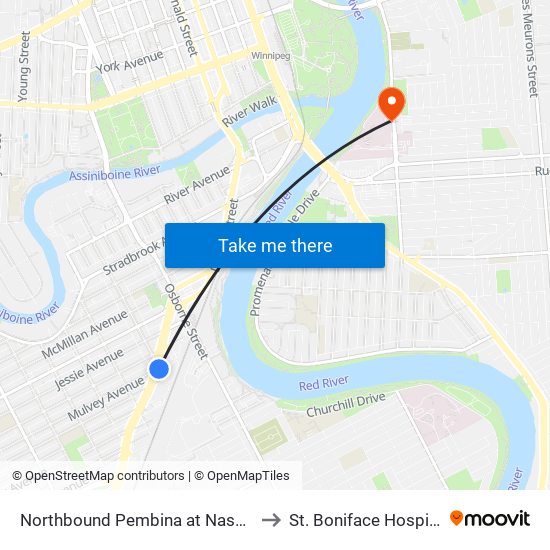 Northbound Pembina at Nassau to St. Boniface Hospital map