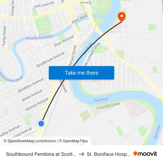 Southbound Pembina at Scotland to St. Boniface Hospital map