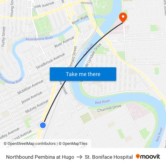 Northbound Pembina at Hugo to St. Boniface Hospital map