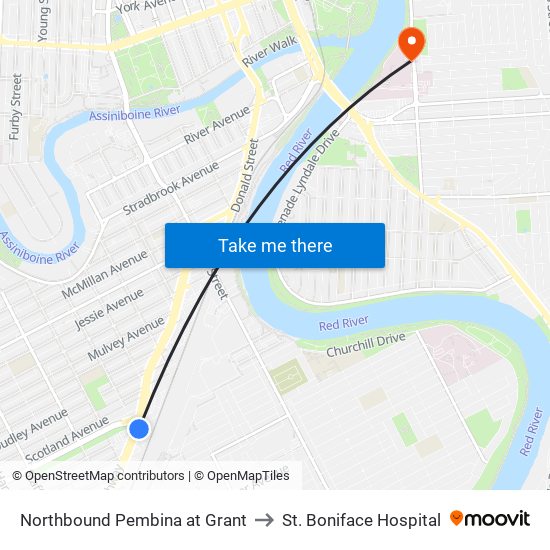 Northbound Pembina at Grant to St. Boniface Hospital map