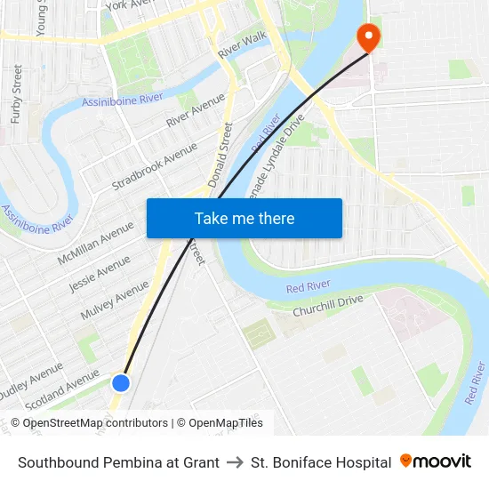 Southbound Pembina at Grant to St. Boniface Hospital map