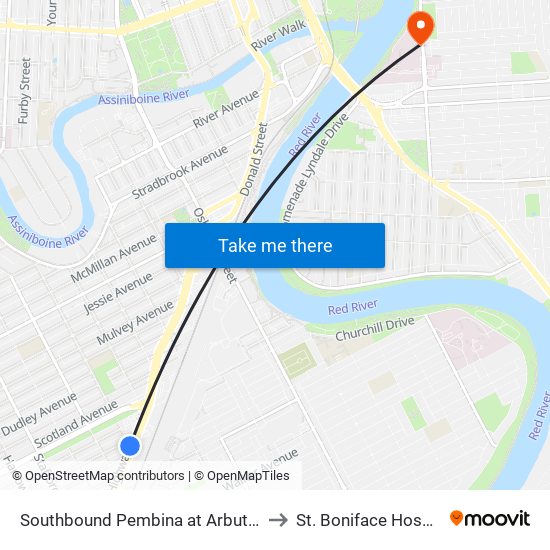 Southbound Pembina at Arbuthnot to St. Boniface Hospital map