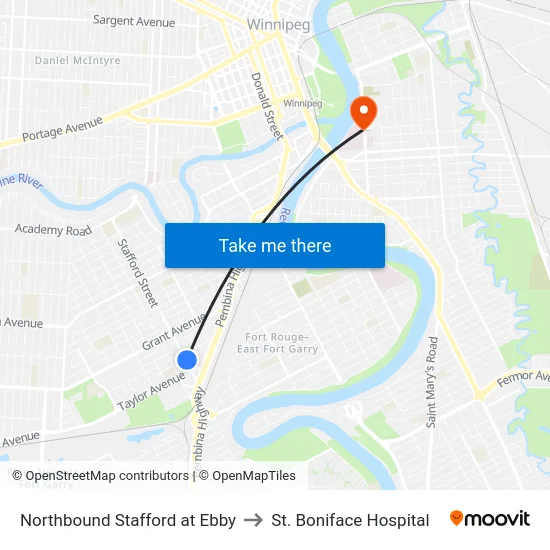 Northbound Stafford at Ebby to St. Boniface Hospital map
