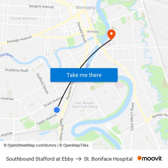 Southbound Stafford at Ebby to St. Boniface Hospital map