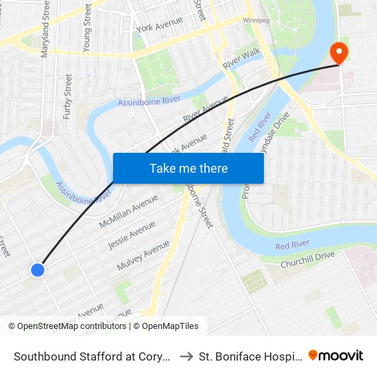 Southbound Stafford at Corydon to St. Boniface Hospital map