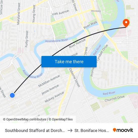 Southbound Stafford at Dorchester to St. Boniface Hospital map