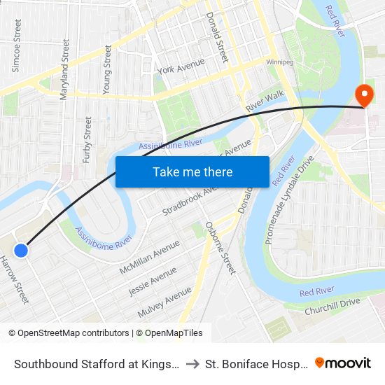 Southbound Stafford at Kingsway to St. Boniface Hospital map