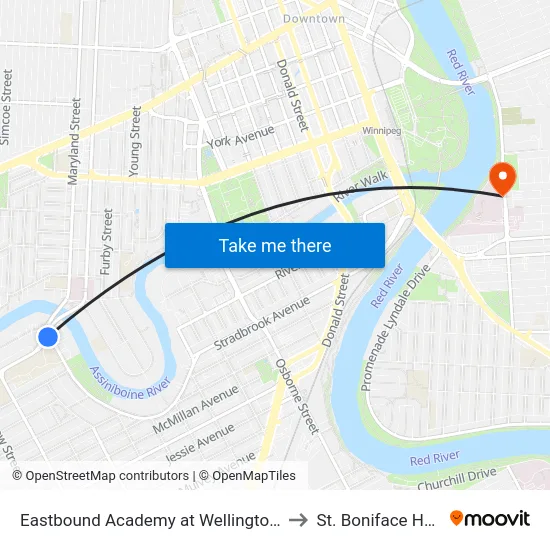 Eastbound Academy at Wellington Crescent to St. Boniface Hospital map