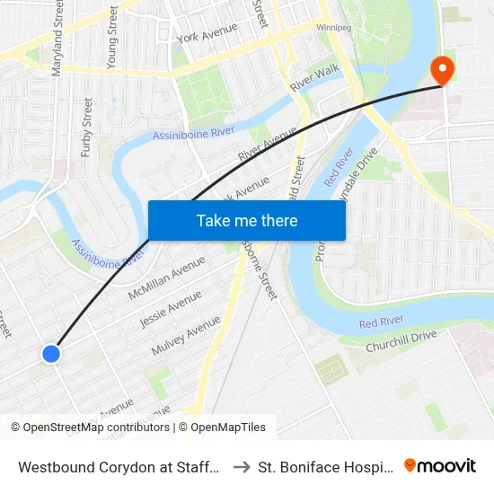 Westbound Corydon at Stafford to St. Boniface Hospital map