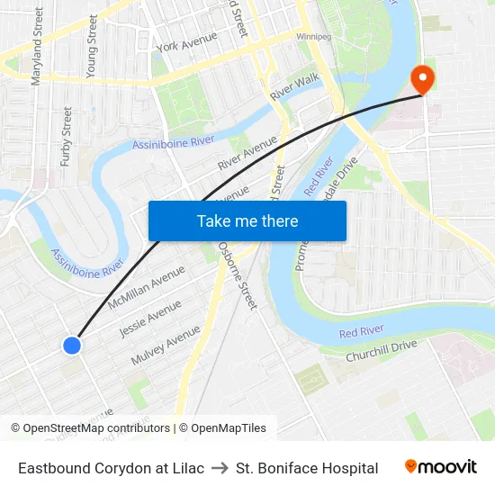 Eastbound Corydon at Lilac to St. Boniface Hospital map