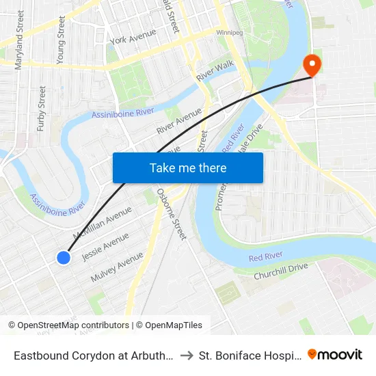 Eastbound Corydon at Arbuthnot to St. Boniface Hospital map