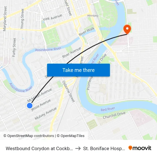 Westbound Corydon at Cockburn to St. Boniface Hospital map