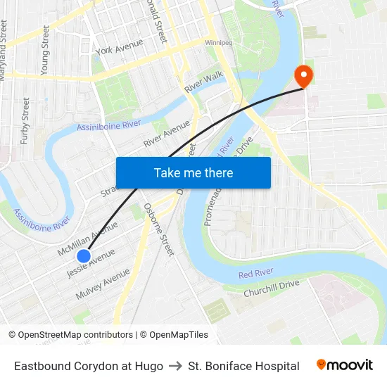 Eastbound Corydon at Hugo to St. Boniface Hospital map