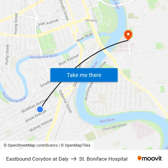 Eastbound Corydon at Daly to St. Boniface Hospital map