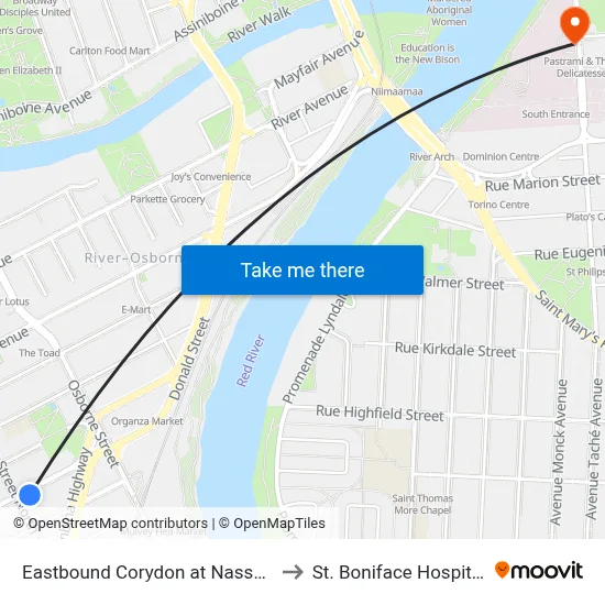 Eastbound Corydon at Nassau to St. Boniface Hospital map