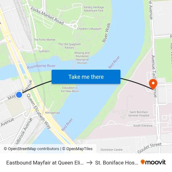 Eastbound Mayfair at Queen Elizabeth to St. Boniface Hospital map
