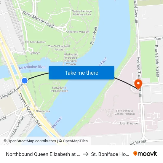 Northbound Queen Elizabeth at Mayfair to St. Boniface Hospital map