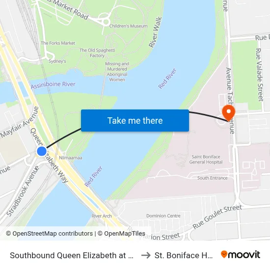 Southbound Queen Elizabeth at Stradbrook to St. Boniface Hospital map