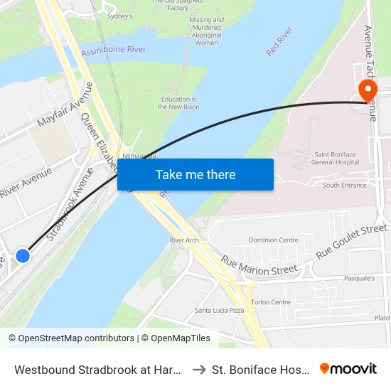 Westbound Stradbrook at Harkness to St. Boniface Hospital map