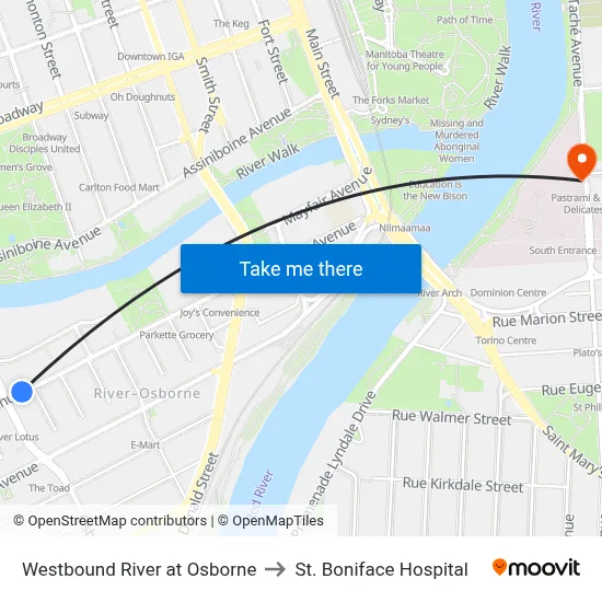 Westbound River at Osborne to St. Boniface Hospital map