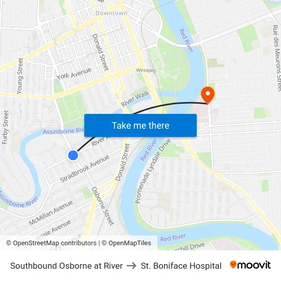 Southbound Osborne at River to St. Boniface Hospital map