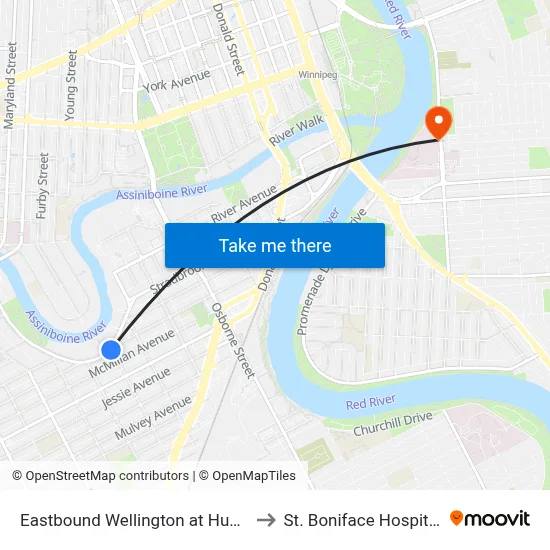 Eastbound Wellington at Hugo to St. Boniface Hospital map