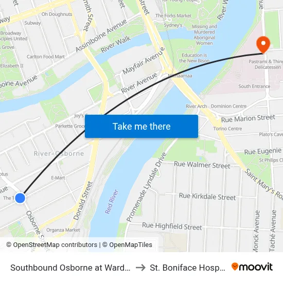 Southbound Osborne at Wardlaw to St. Boniface Hospital map