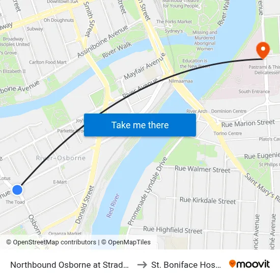 Northbound Osborne at Stradbrook to St. Boniface Hospital map